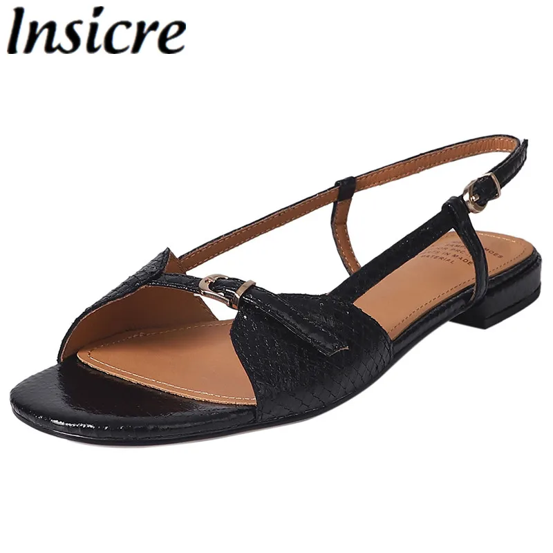 

Insicre New Arrival Women's Sandals Round Toe Buckle Cow Leather Fashion Summer Shoes Low Heels Big Size 41 Sweet Handmade