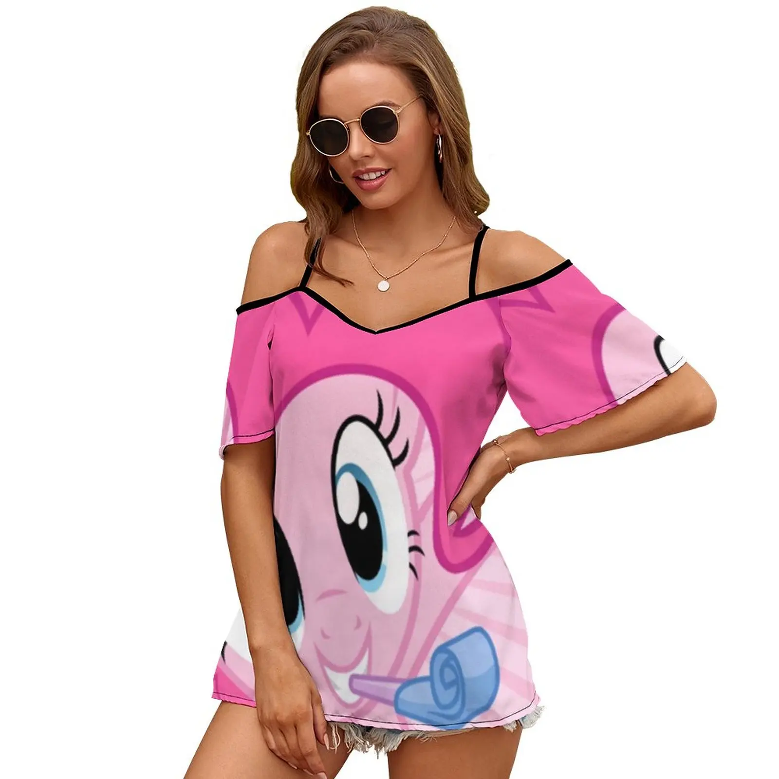 Pinkie Pie Happy Women Short Sleeve Top O-Neck Scava La Cinghia Di Spalla Tees Streetwear Pinkie Pie Pinkie Pie Pinkie Pie Pink Pony