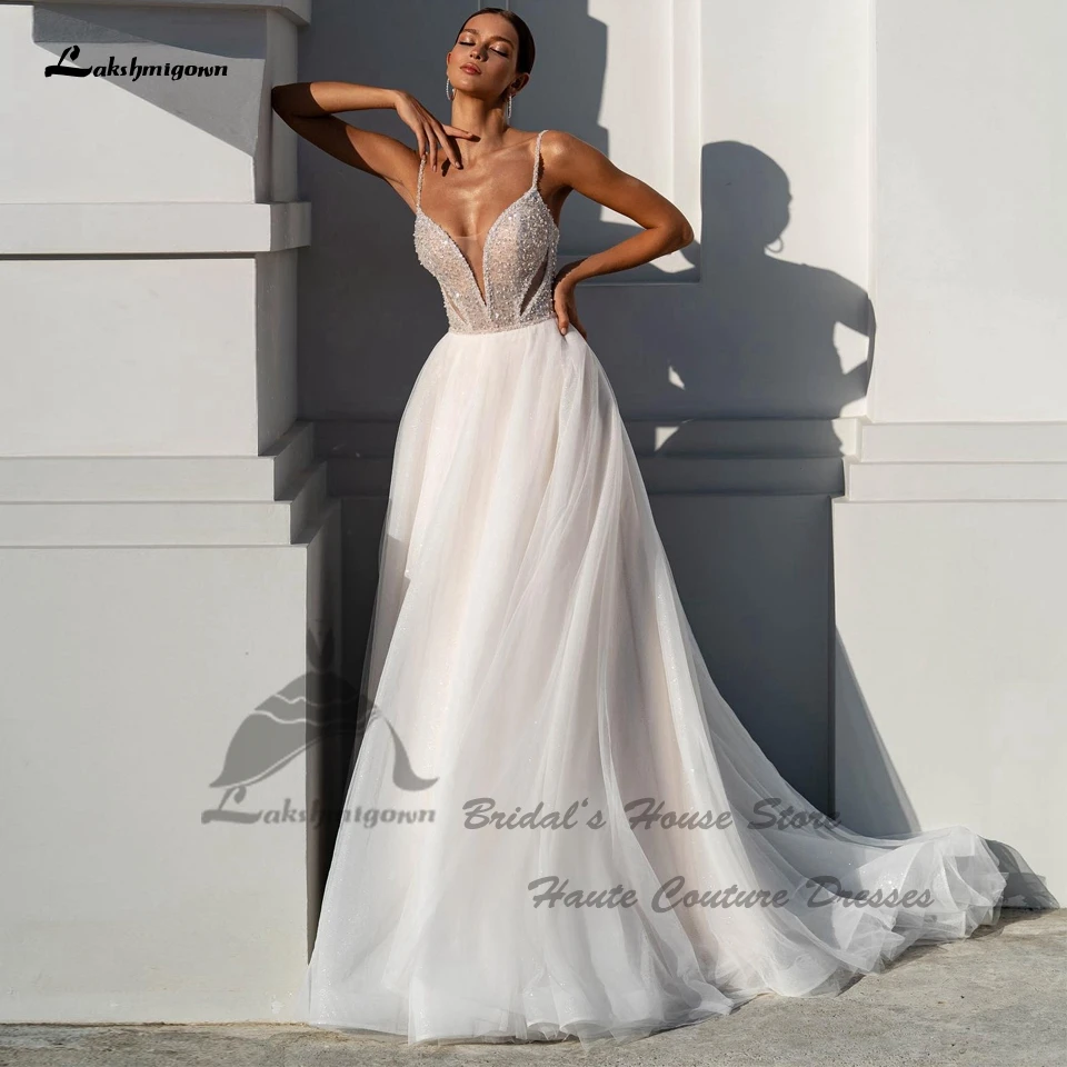 Lakshmigown Champagne Beading Beach Wedding Dresses 2024 New Mariage V Neck Sexy A Line Bridal Gowns Spaghetti Straps