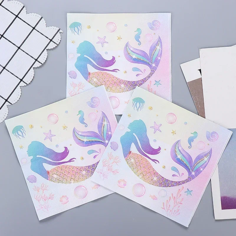 20pcs/pac 33*33cm New Mermaid Printing Paper Napkins Cartoon Birthday Party Colourful Napkins Personalised Dress Up with Paper