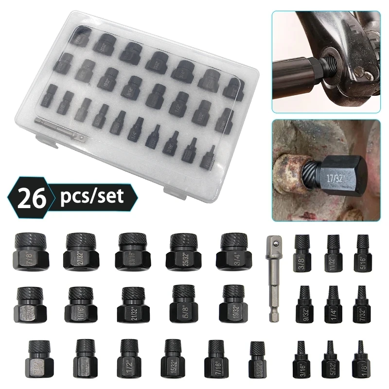 

26pcs/set Screw and Bolt Extractor Drill Bit Set Disassemble Screws Bolt Stud Slip Teeth Demolish Stripped Broken Remover Tools