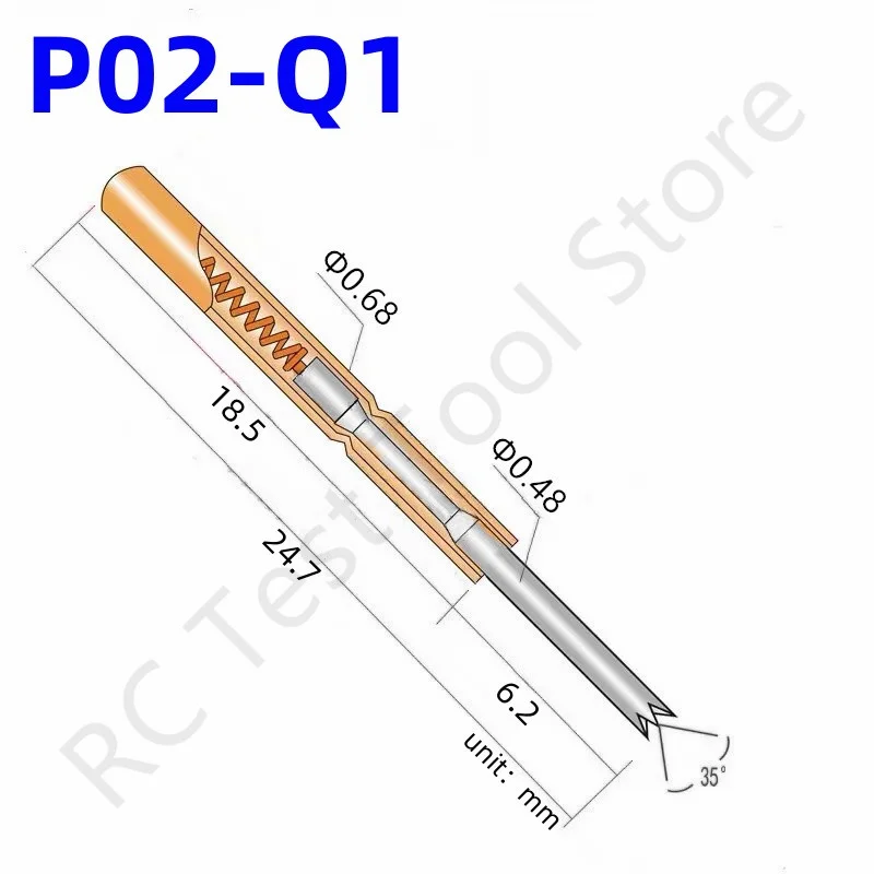 

100PCS P02-Q1 Spring Test Pin P02-Q Test Probe Copper Pogo Pin Metal Test Needle Test Tool 24.7mm Dia 0.68mm 0.48mm