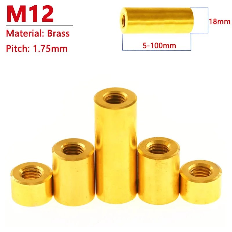 

1pc M12 Brass Round Coupling Nut Female Thread Cylindrical Stud Standoff Sleeve Double Pass Hollow Pillar Width 18mm L=5-100mm