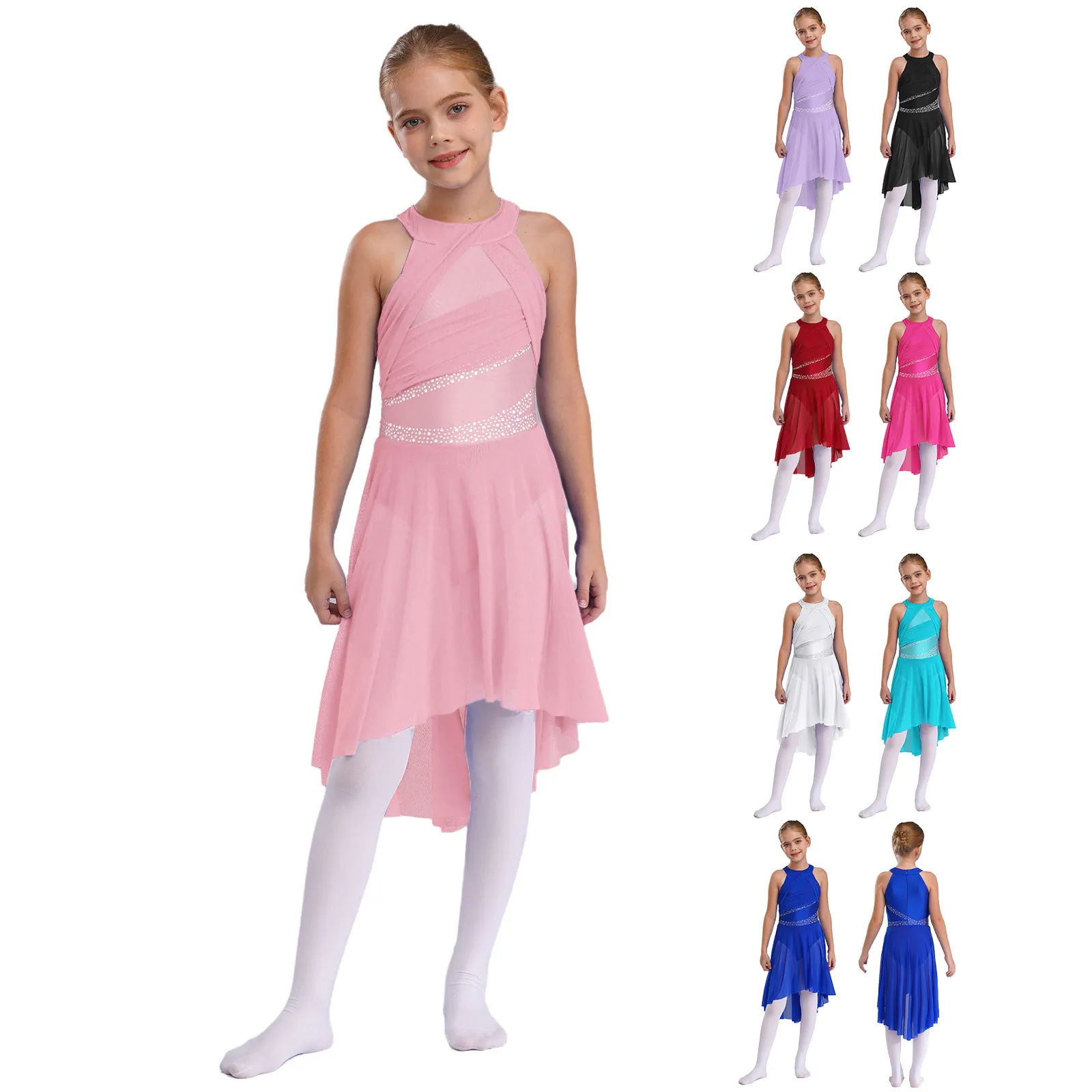 Girls Ballet Soft Dance Wear Sheer Mesh Dress Lyrical Ice Skating Dress Sparkling Rhinestone Stage Performance Ballet Leotard Dance Leotard Ballet Dress