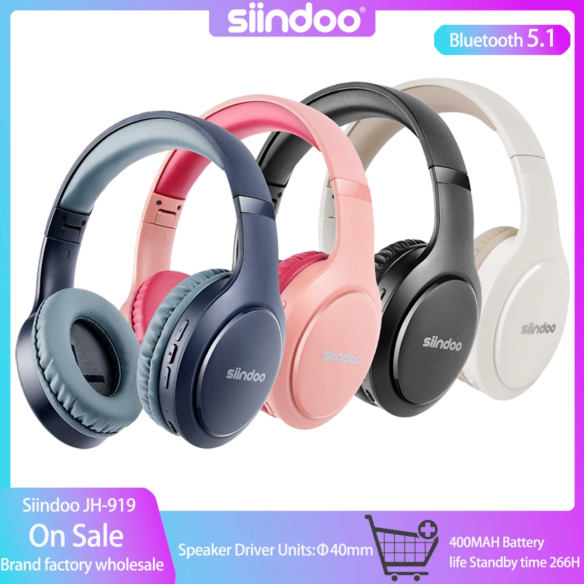 Wireless Headphones Siindoo JH 919 Foldable Bluetooth Stereo Earphones Super Bass With Mic 4colors For Iphone Laptop PC