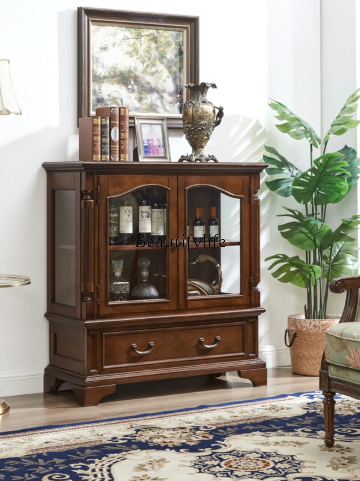 

American-Style Solid Wood Wine Cabinet Household File Curio Cabinet Living Room Side Storage European-Style Sideboard Cabinet