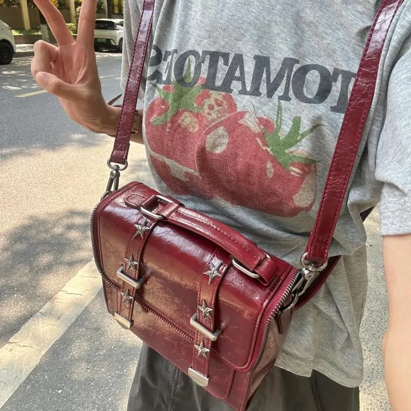 JIAERDI Retro Red Backpack Women Studded Leather Textured Square Backpack Ladies Academy Style Lightweight Mochilas Mujer 2025