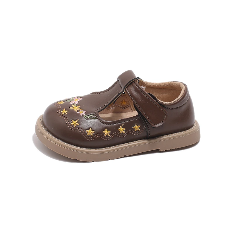 Baby Girls Flats Princess T-Strap Mary Jane Shoes Child Vintage Embroidery Dress Shoe for Girl Beige Brown PU Leather Loafer 2