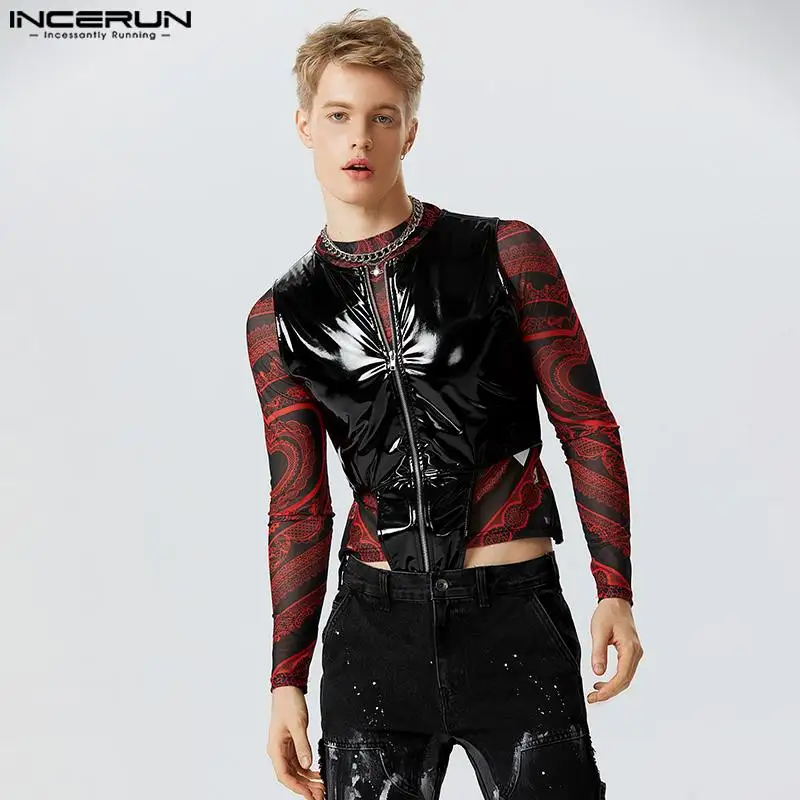 INCERUN 2023 Sexy Homewear New Men's Bodysuits Fashion Male Mirror Leather High Fork Zipper Sleeveless Triangle Jumpsuits S-5XL