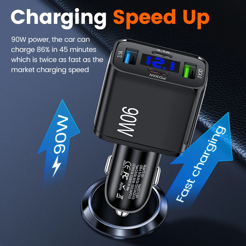 4Ports USB C Car Phone Charger Super Fast Charge in Car with LED Voltage Display for iPhone Samsung Huawei Oneplus Android Phone
