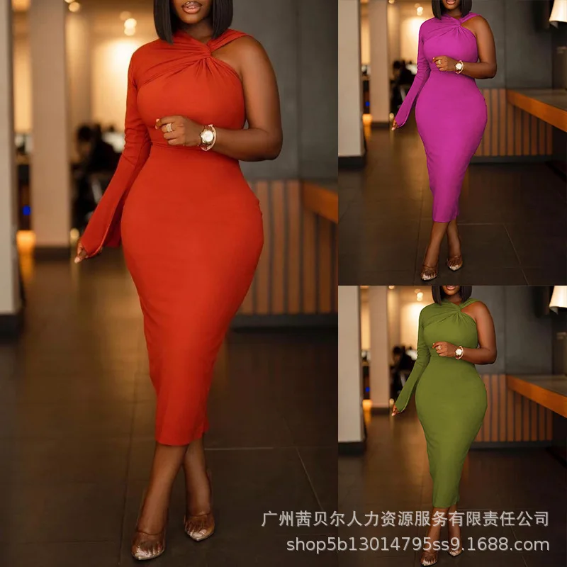 

One Shoulder Twisted Party Dress Women Sexy High Waist Solid Color Dress Summer Mid Calf Length