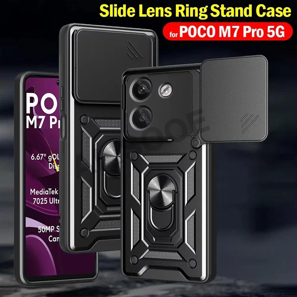 Armor Funda for POCO M7 Pro 5G Case Slide Camera Rotate Ring Stand