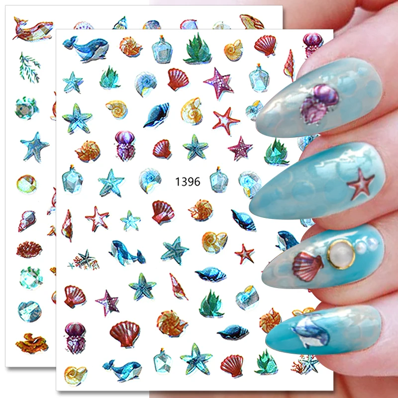 

3D Laser Butterfly Flower Nail Stickers Ocean Series Dolphin Jellyfish Nail Decals Self-Adhesive Nail Decorations