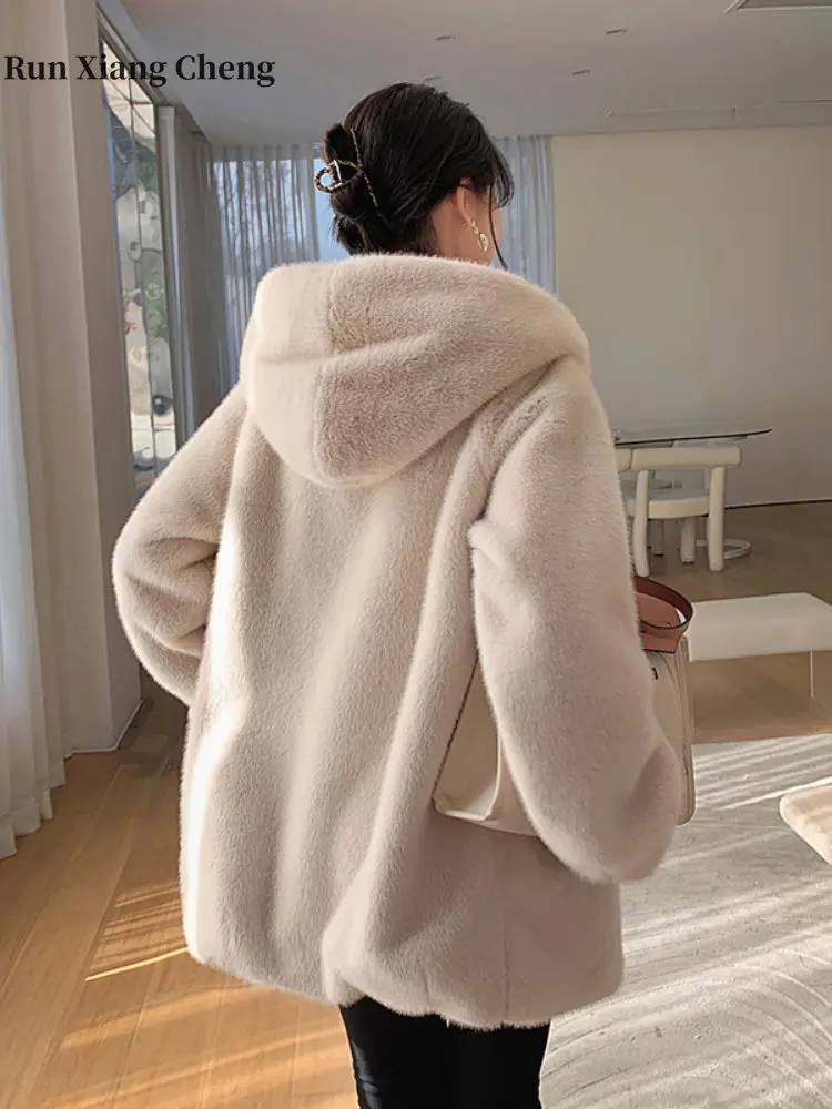 2023 Winter Thickened Mink Cashmere Mink Coat Female Medium-length Hooded Korean-style Eco-Friendly Fur Coat Women's Temperament