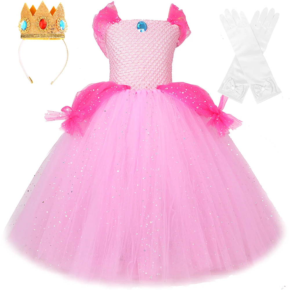 

Sparkle Super Peach Princess Dresses for Girls Christmas Halloween Costume for Kids Long Tutus Outfit Party Ball Gown with Crown