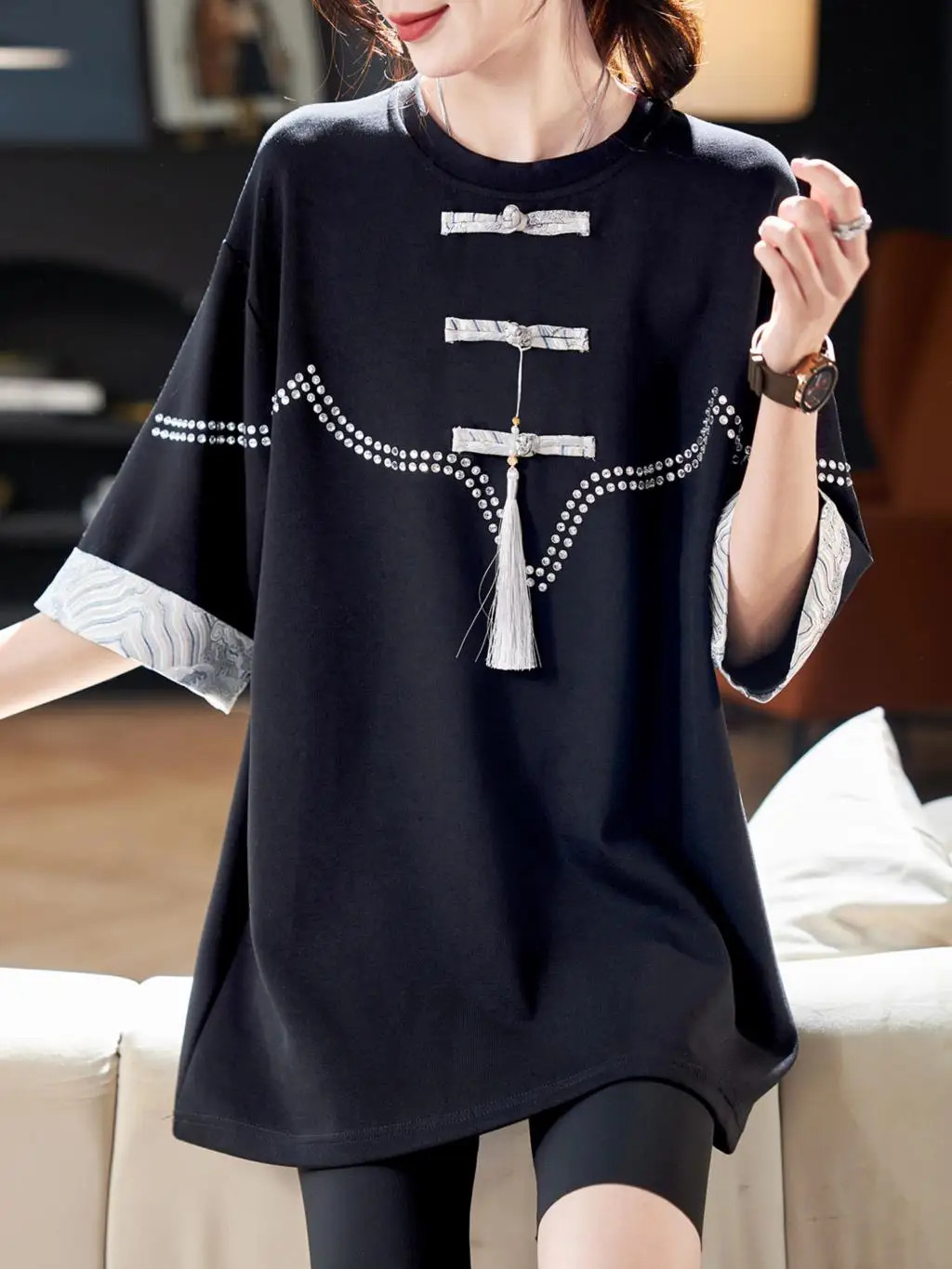 

2024 Women's Clothing Jacquard patchwork short-sleeved T-shirt Spring Summer New No.47