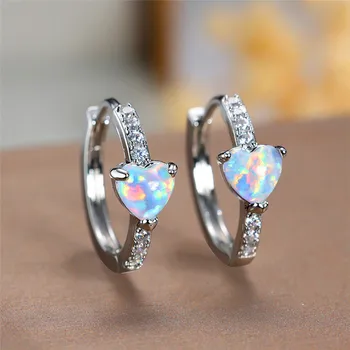 Boho Female White Fire Opal Heart Clip Earrings Vintage Wedding Jewelry For Women