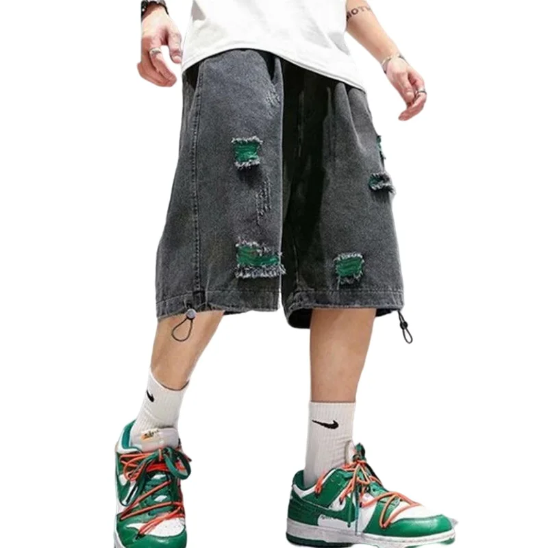 

Hole Denim Shorts Men's High Street Summer Jean Shorts Men Casual Straight Loose Knee Length Pants