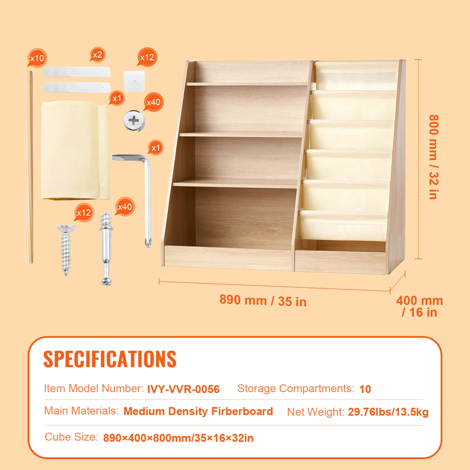 Wooden Kids Bookshelf Storage Rack for Nursery Playroom