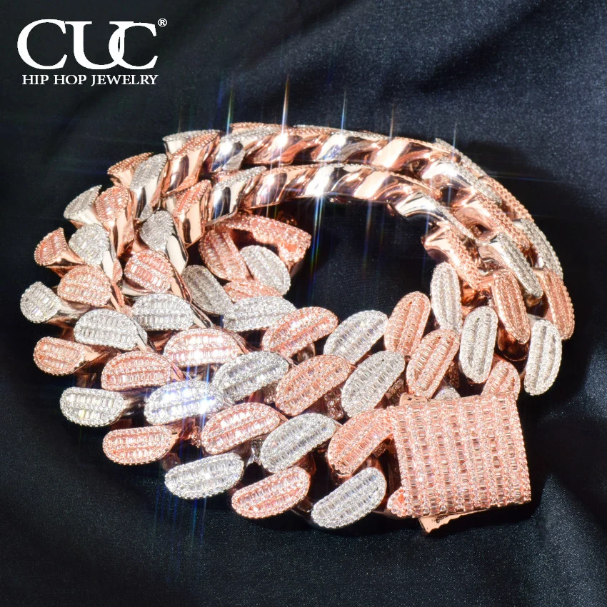 

CUC Men Baguette HipHop Necklace Rose Silver Color 21mm Big Cuban Chain Iced Out Zirconia Miami Link Fashion Rock Rapper Jewelry