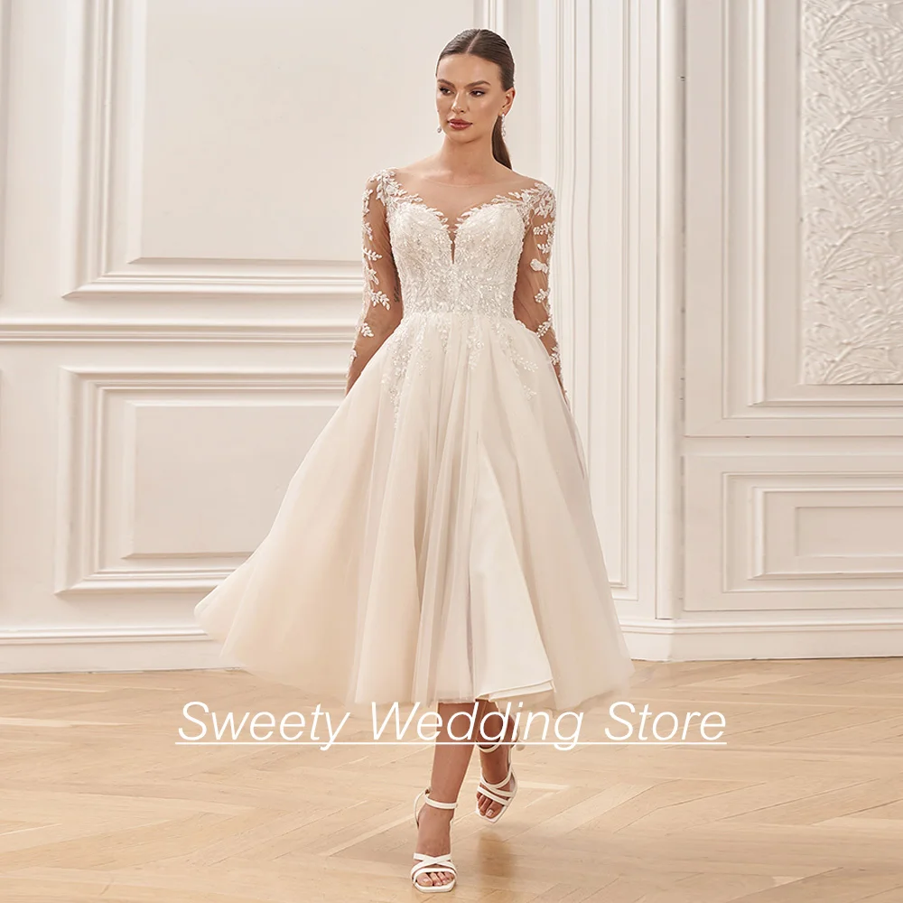 

Mid-calf Wedding Dresses for Bride 2024 New Long Sleeves Scoop Neck Applique Slit Tulle A Line Bridal Gown Vestido De Noiva