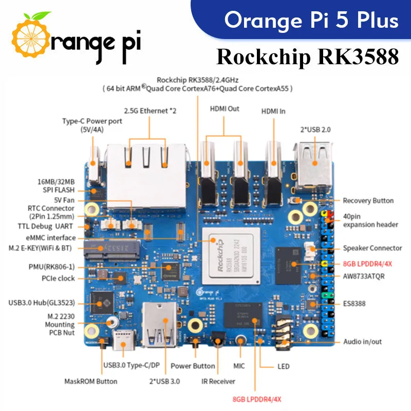 Single board computer Orange Pi 5 Plus 16G RAM RK3588 PCIE Module External WiFi-BT SSD 8K Orange Pi5 Plus Demo Development Board