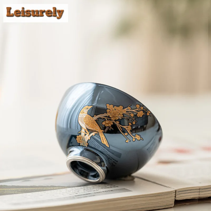 60ml Stacking Gold Flower And Bird Ceramic Teacup 999 Gilt Silver Meditation Cup Small Single Master Cup Tea Bowl Kung Fu Teaset