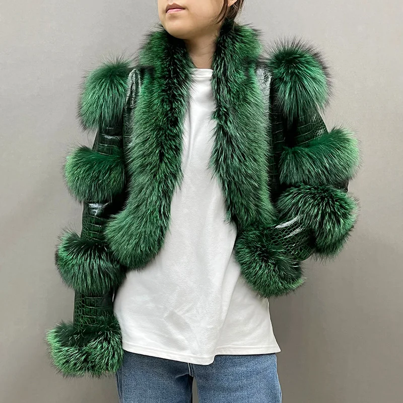 New Women Leather Jacket With Fox Fur Crocodile Pattern Sheepskin Leather Lady Fashion Genuine Leather Coat NZ5275
