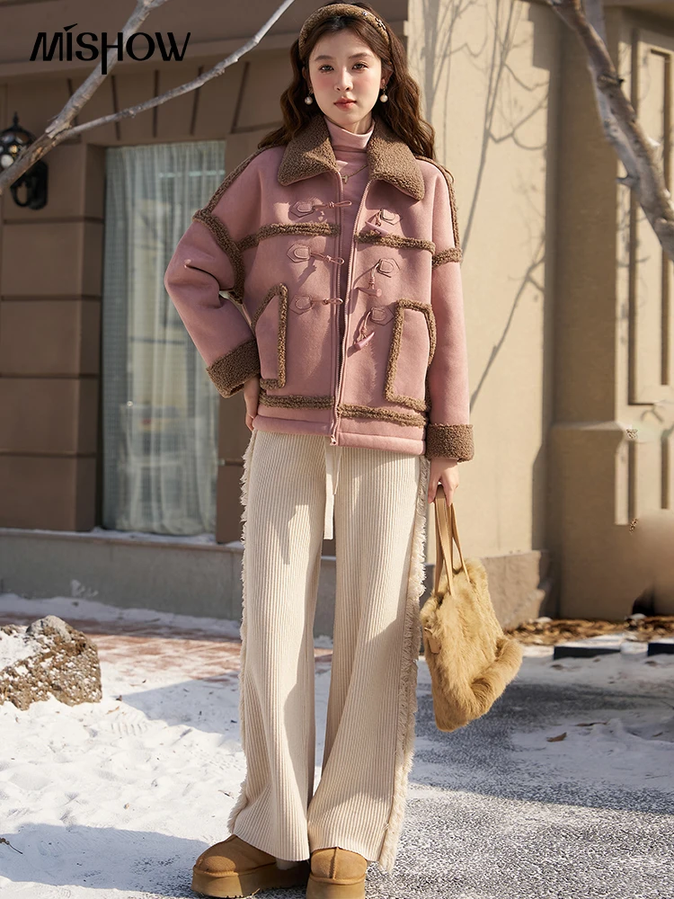 MISHOW French Gentle Faux Fur Coat for Women 2023 Autumn Winter Lapel Horn Button High Quality Thick Warm Lamb Wool MXC56W0169