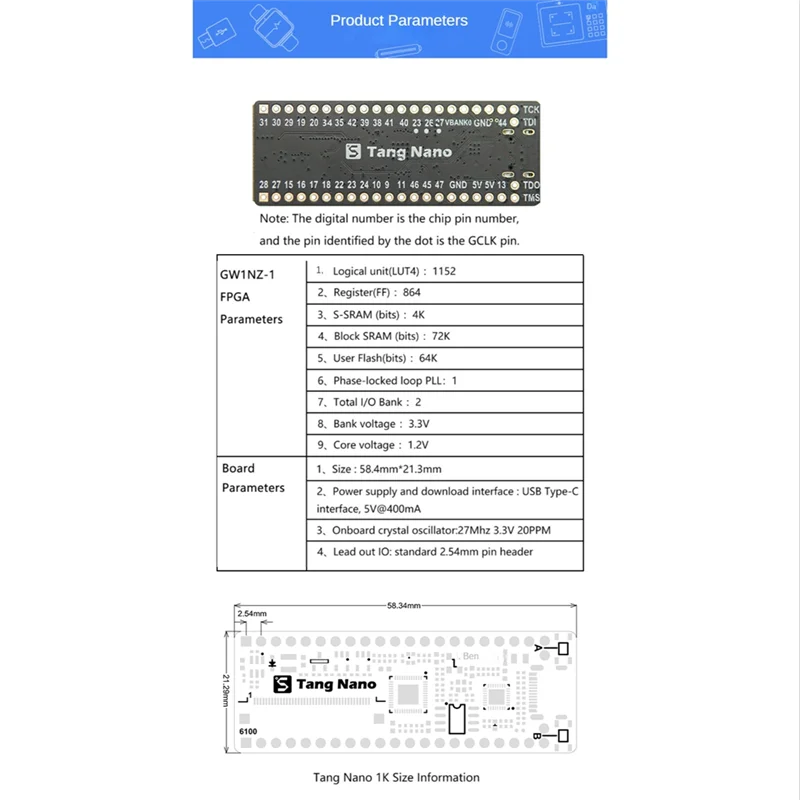 

1Pcs Tang Nano Minimalist FPGA Development Board Straight Insert Breadboard Tang Nano 1K Development Board