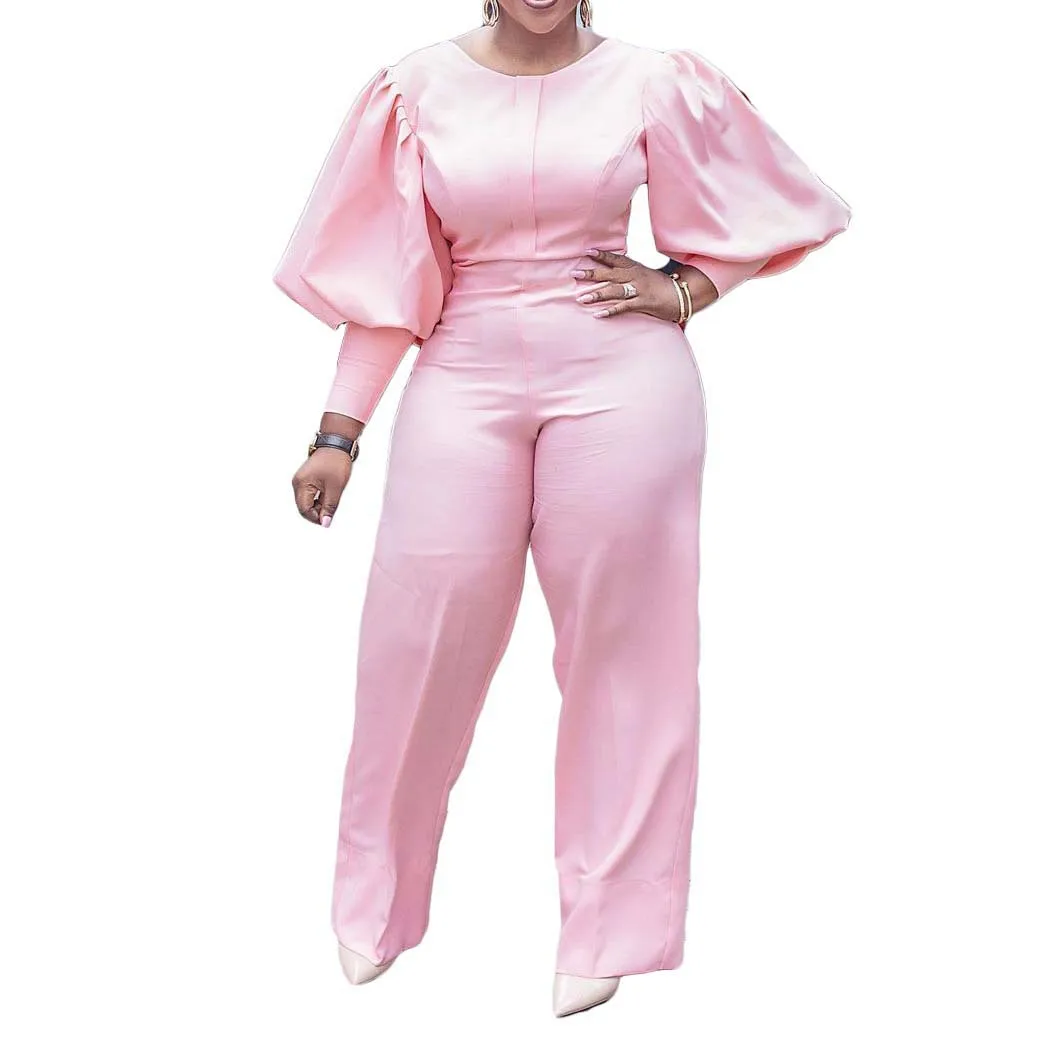 Women's Lantern Sleeve Jumpsuit 2023 Spring Fashion Back Zipper Casual Plain Round Neck Long Sleeve Straight Leg Daily Jumpsuit