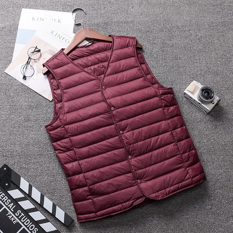 Schinteon Men Light Down Vest Gielt Casual Waistcoat Spring Autumn White Duck Down Jacket Male V-neck Sleeveless Coat Liner Vest