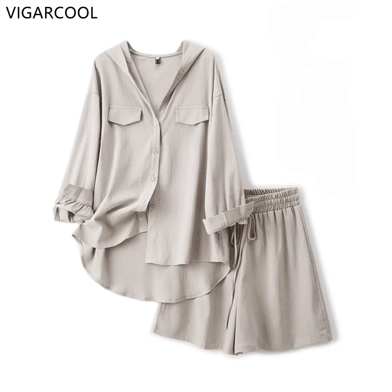 

Summer Slim Fit and Meat Covering Fashion Set Age Reducing Casual Long Sleeve Shirt+Ice Silk Shorts Women's Two Piece Set Female