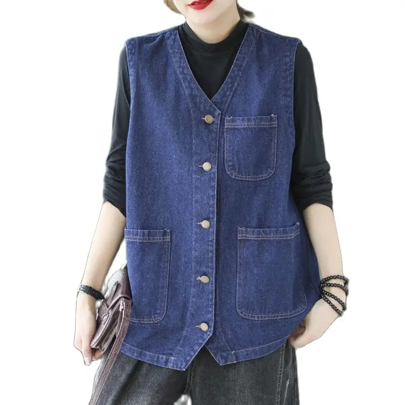 Women's Denim Vest V Neck Sleeveless Loose Thin Spring Autumn Denim