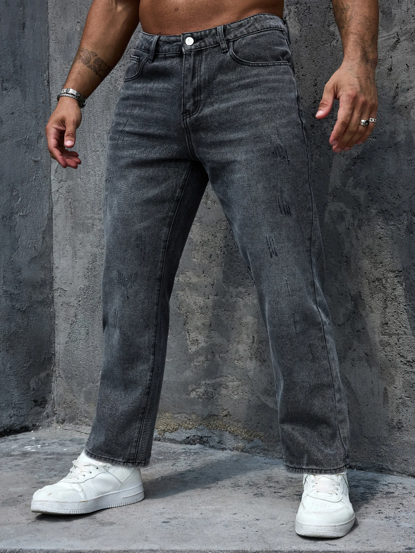 Herren-Jeans aus dunkelgrauem, zerrissenem Denim, reguläre Passform, langlebige Hose, vielseitige Herrenhose, ganzjährig, Komfort, XS-XL