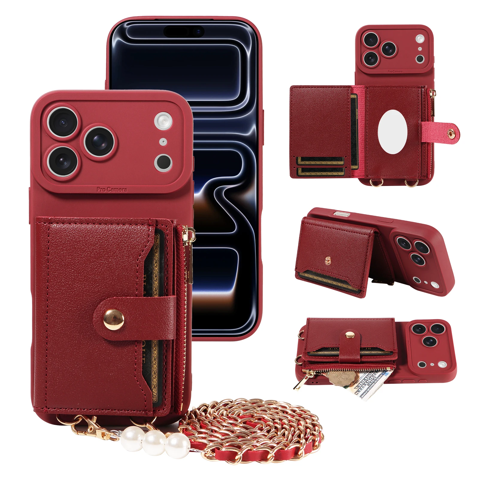 Leather Phone Case with Mirror & Pearl-Studded Strap - Shockproof Cover