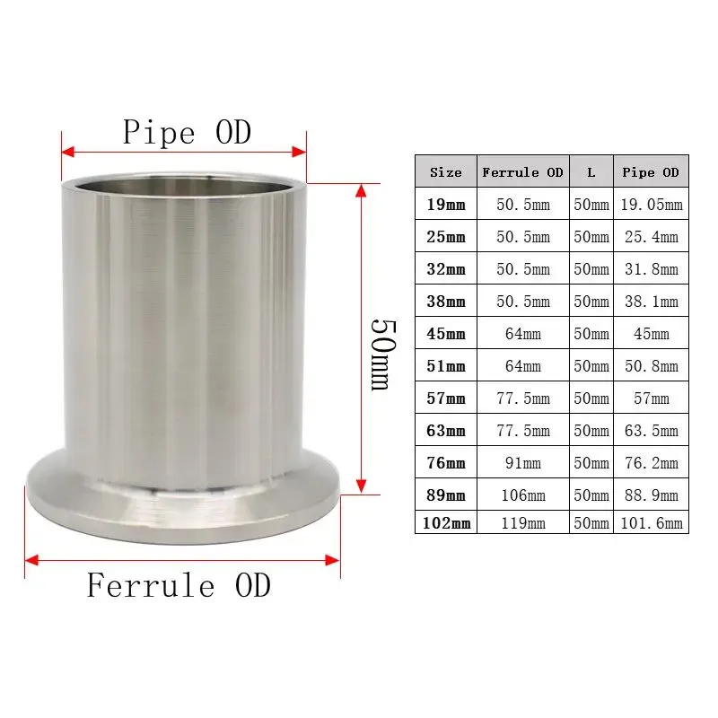 19mm 25mm 38mm 51mm 63mm 76mm 102mm 위생용 SS304 스테인리스 스틸 트라이 클램프 롱 용접 페룰 용접 파이프, 높이 50mm-60mm