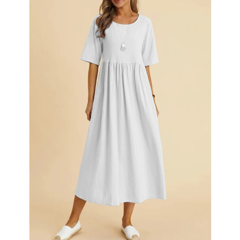 Women Vintage Cotton Linen Breathable Midi Dress Y2K Summer Fashion Half Sleeve Solid Casual Dresses High Waist Elegant Vestidos 2
