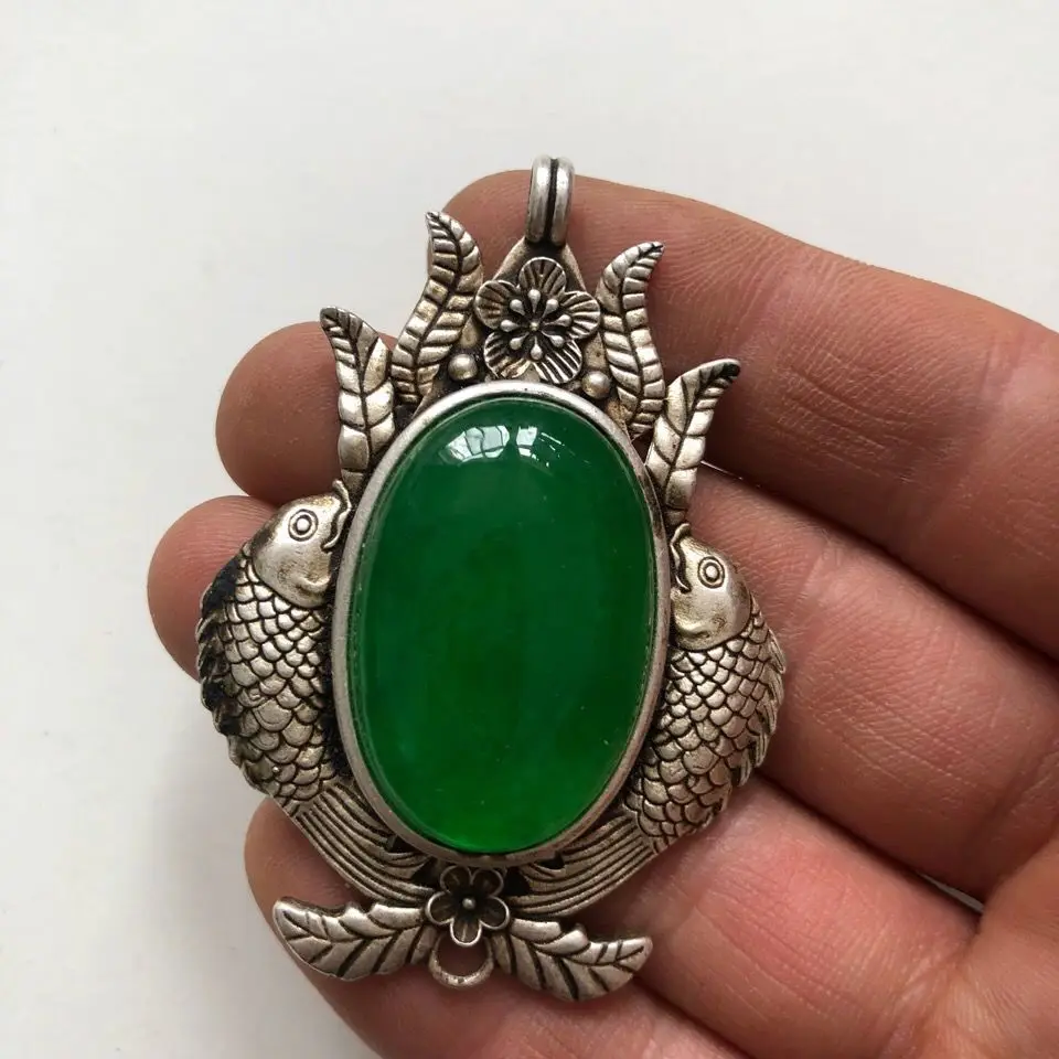 

2.4" Old Chinese Silver Inlay Jade Fengshui Double Fish Flower Pendant Amulet