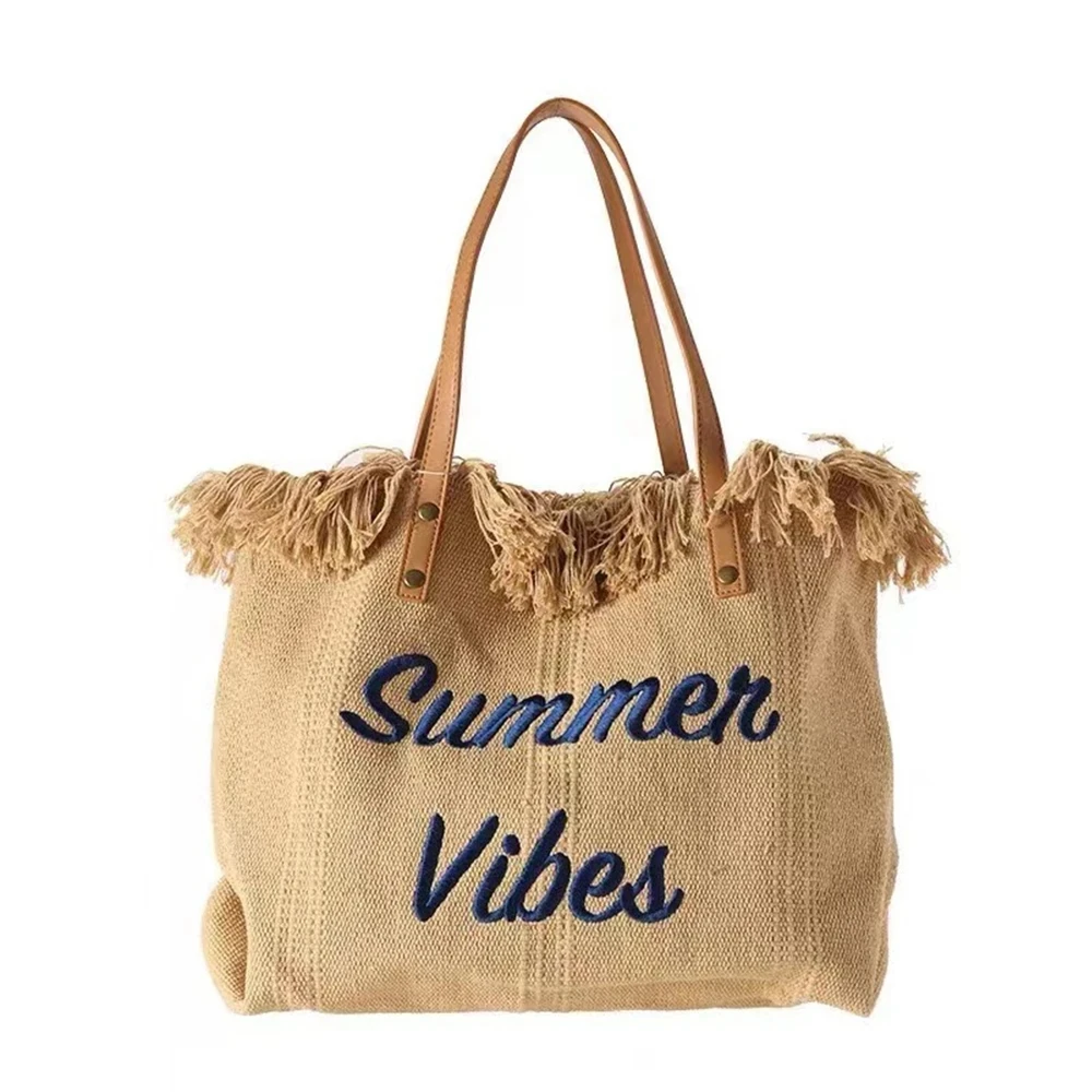 Fashion Canvas Tote Bag with Tassel Summer Vibes Handbags Large Capacity Beach Bag Casual Simple Shopping Shoulder Bag