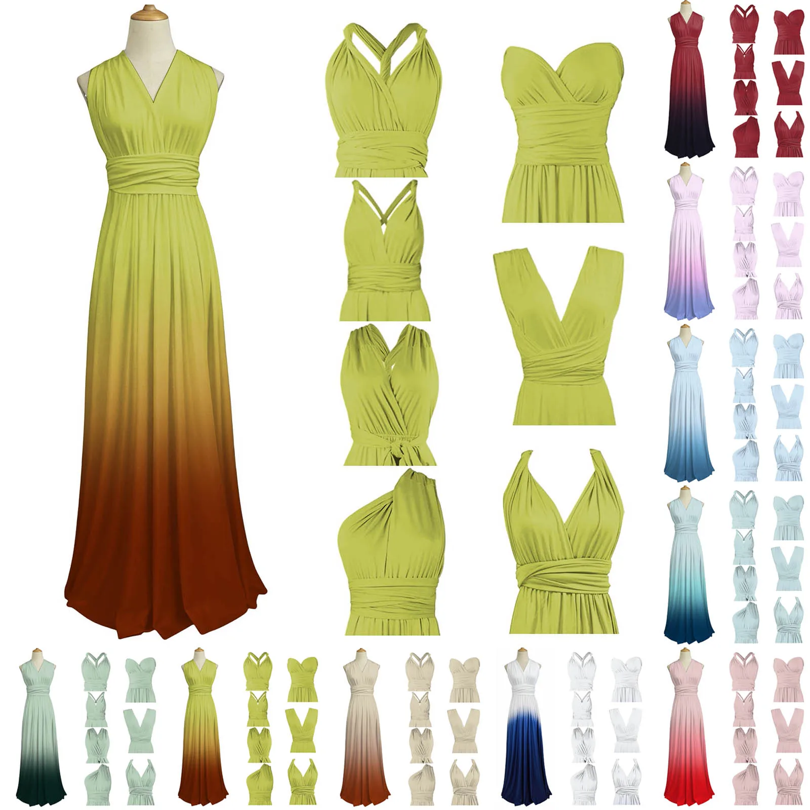 Womens Dresses for Summer Women Sexy V Neck Dress Colorful Gradient Straps Multiple Ways To Wear Dresses with Sleeves