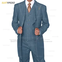 Classic Blue Long Denim Men Suit Set Evening Party Casual Costumes Formal Prom Fashion Blazer Vest Pants 3 Pieces Custom Outfits 1