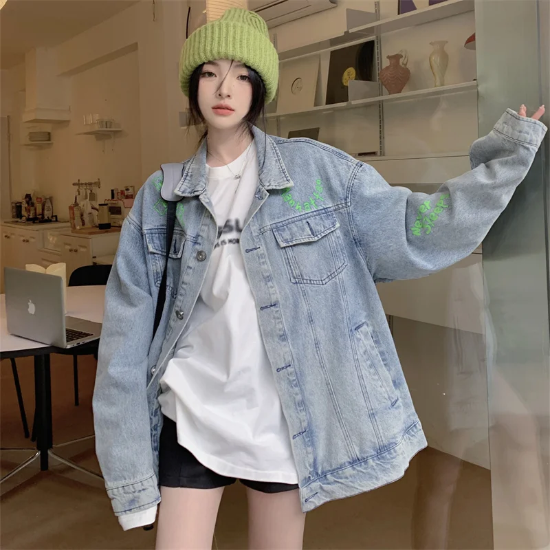 

2023 New Spring Real Time Print Denim Versatile Loose Work Coat Free Shipping