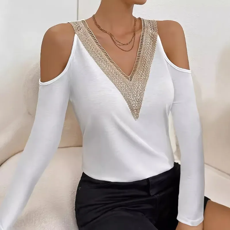 2026 New Spring and Summer Lace Splicing V-neck Off-the-shoulder Long-sleeved T-shirt Elegant Solid Color Simple Women's Top