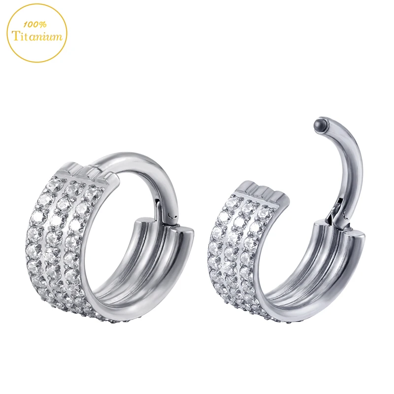 F136 Titanium Ear Piercing Earrings Three Rows Zircon High Segment Clickers Septum Nose Ring Cartilage Tragus Helix Body Jewelry
