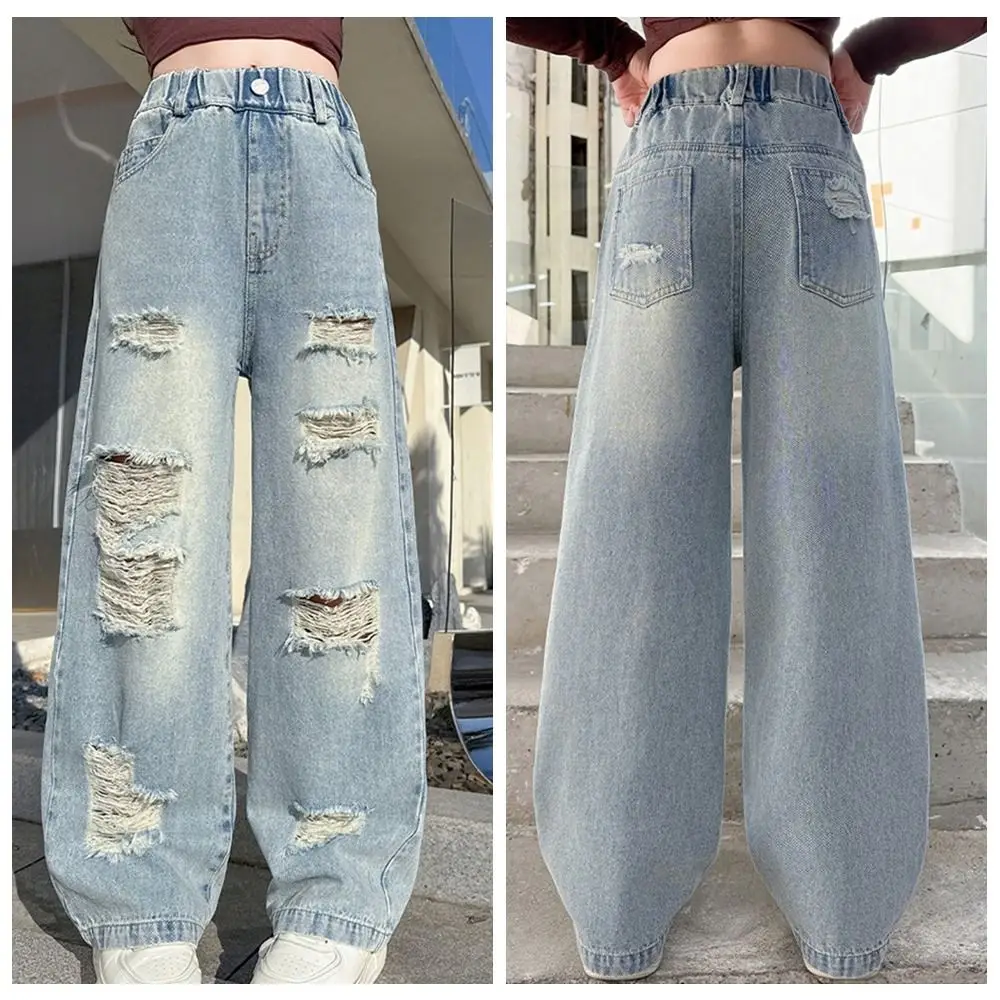 Ripped Wide Children Jeans Straight High Waist Blue Teen Girl Jeans Loose Leg Streetwear Girls Denim Trousers Spring Autumn