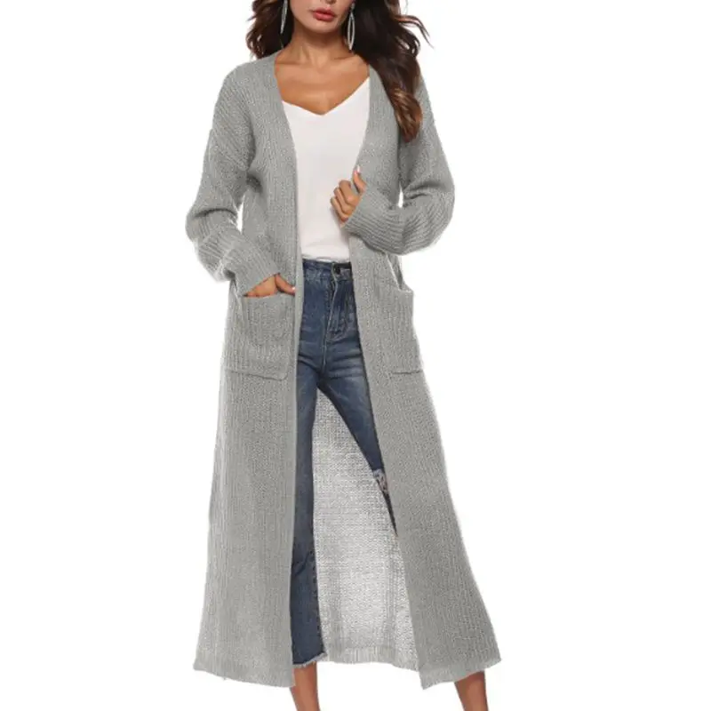 

Spring Womens Long Sleeve Knitted Cardigan Maxi Long Side Split Thin Solid Color Sweater Irregular Slim Coat with Large Pockets