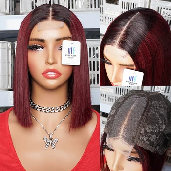 300% Bone Straight Short Bob Wig T1B/99J Ombre Color 2*4 Lace Closure Wig Double Drawn Vietnamese Human Hair Middle Part Wigs 1