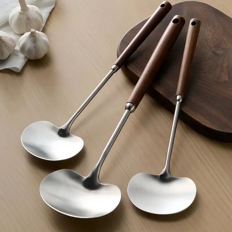 Premium Stainless Steel Spatula, Extra Long Wooden Handle Shovel for Cooking - Non-Scratch & Heat Resistant Kitchenware