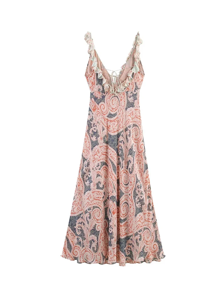 TFMLN 2025 New Women's Elegant Ruffled V-neck Mixi Dresses Sexy Sleeveless Spaghetti Strap Chic Printed Dress Fashion Slim